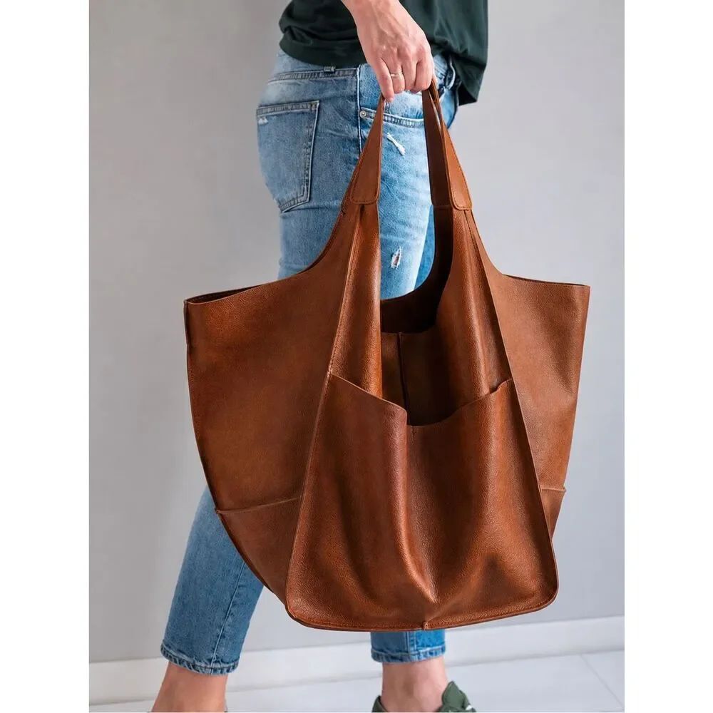Luxury Boutique Vegan Leather Minimalist Oversized Cognac Brown Tote Bag NWOT